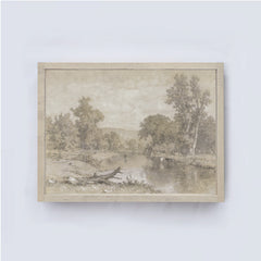 Framed landscape painting of a serene natural scene with trees and water on a light gray background
