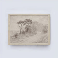 Framed artwork of a landscape with trees and a path on a light gray background