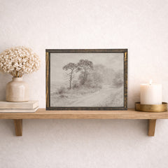 Framed artwork of a landscape with trees on a wooden shelf against a white wall.