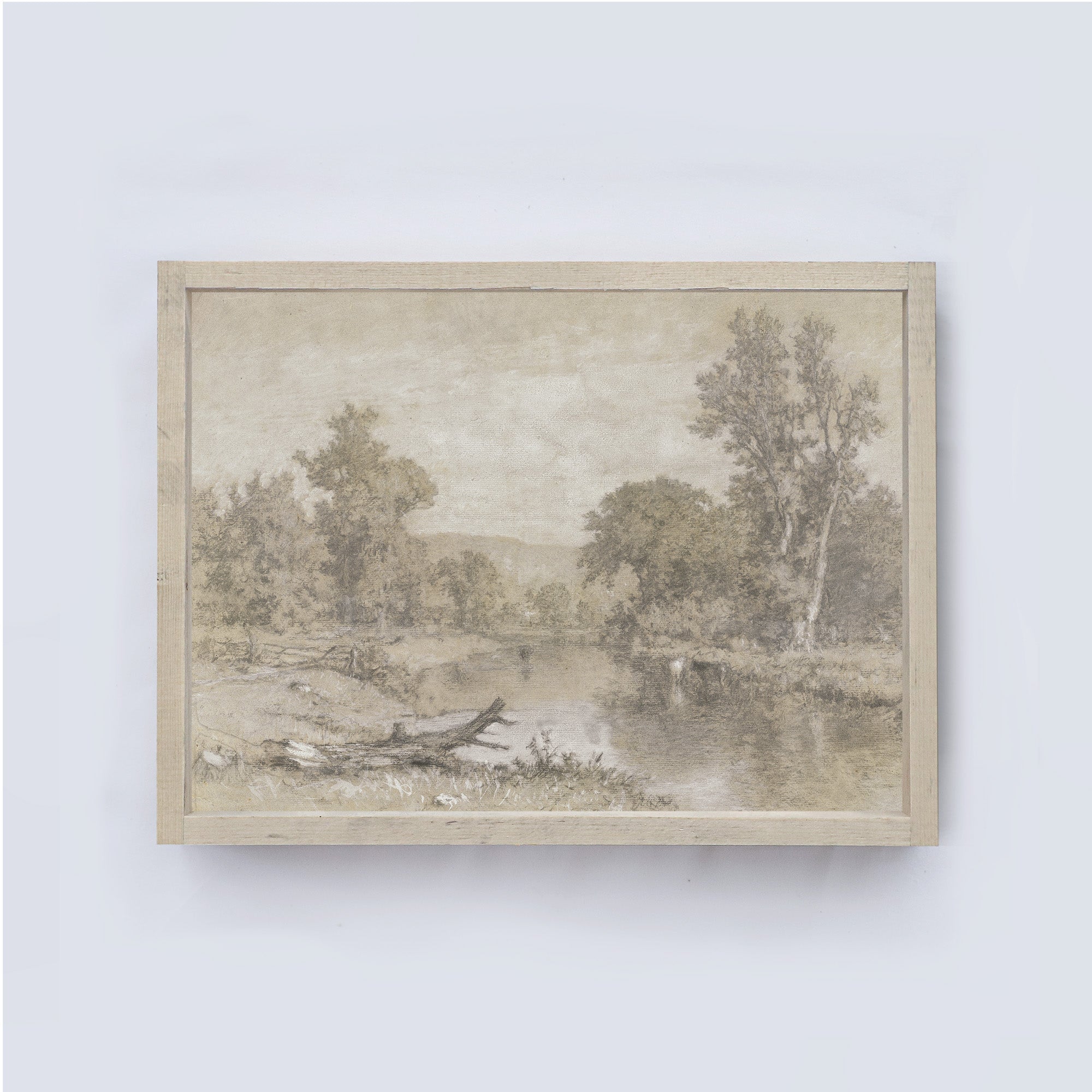 Framed landscape painting of a serene natural scene with trees and water on a light gray background