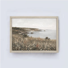 Framed artwork of a coastal landscape with a field and water on a light gray background