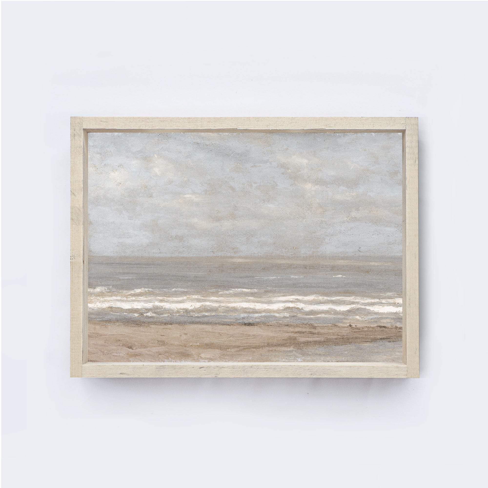 vintage ocean painting with light brown frame with white background