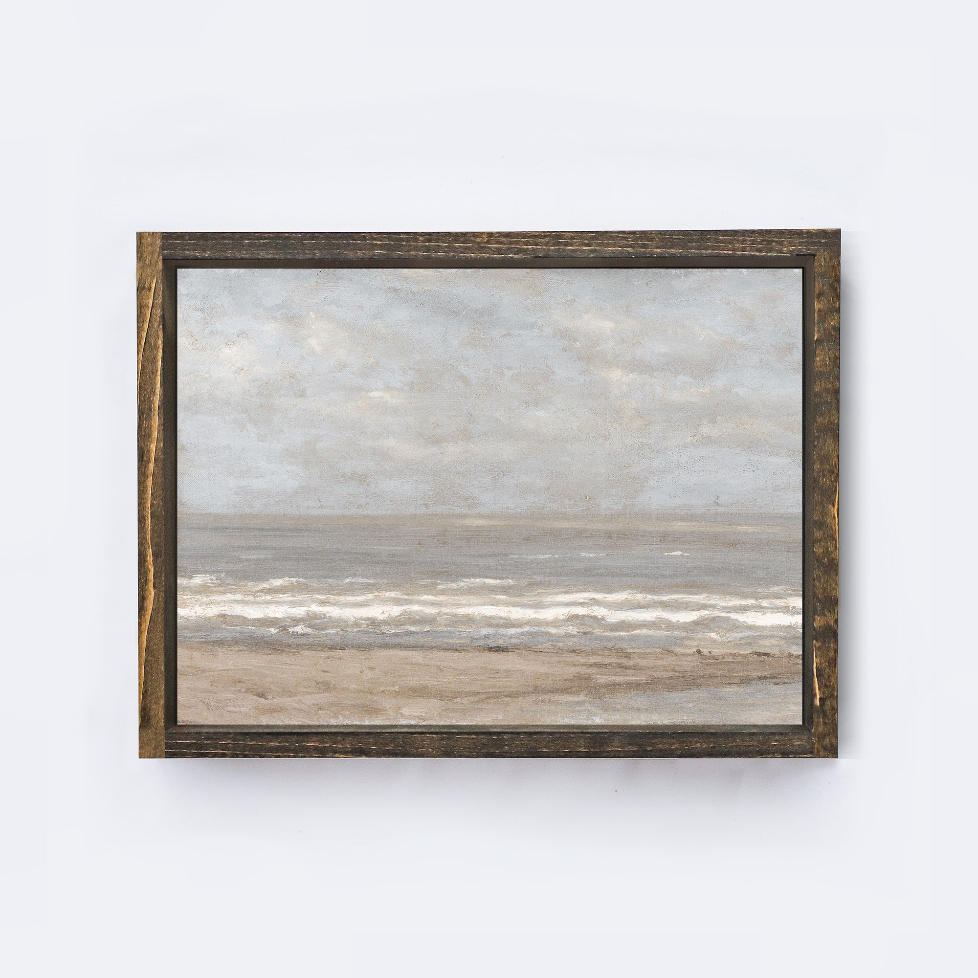 vintage ocean painting with espresso brown wood frame