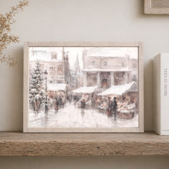 water colour painting of a european chistmas market with a rustic white frame on a shelf