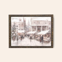 water colour painting of a european christmas market with a brown frame