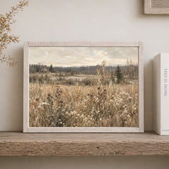 rustic white brown framed sign with a wildflower field painted in earthy tones sitting on a brown shelf
