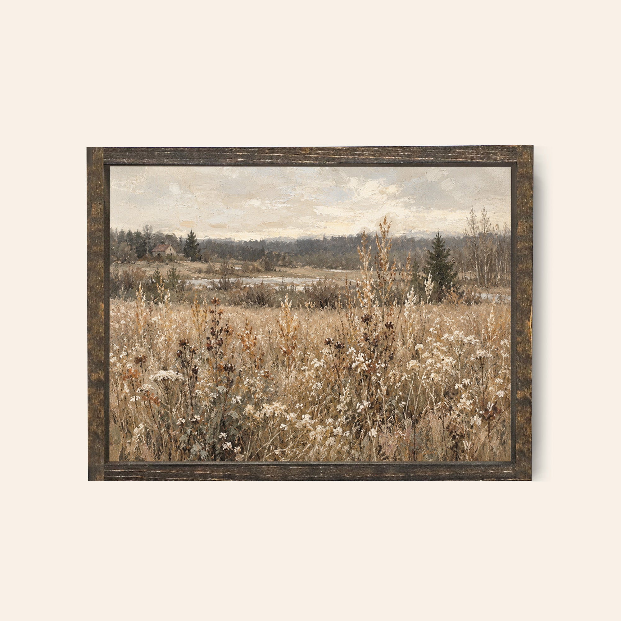 espresso brown framed sign with a wildflower field painted in earthy tones 