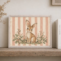 Rustic white framed wood sign with a pink and cream striped background with a bunny and meadow flowers sitting on a shelf