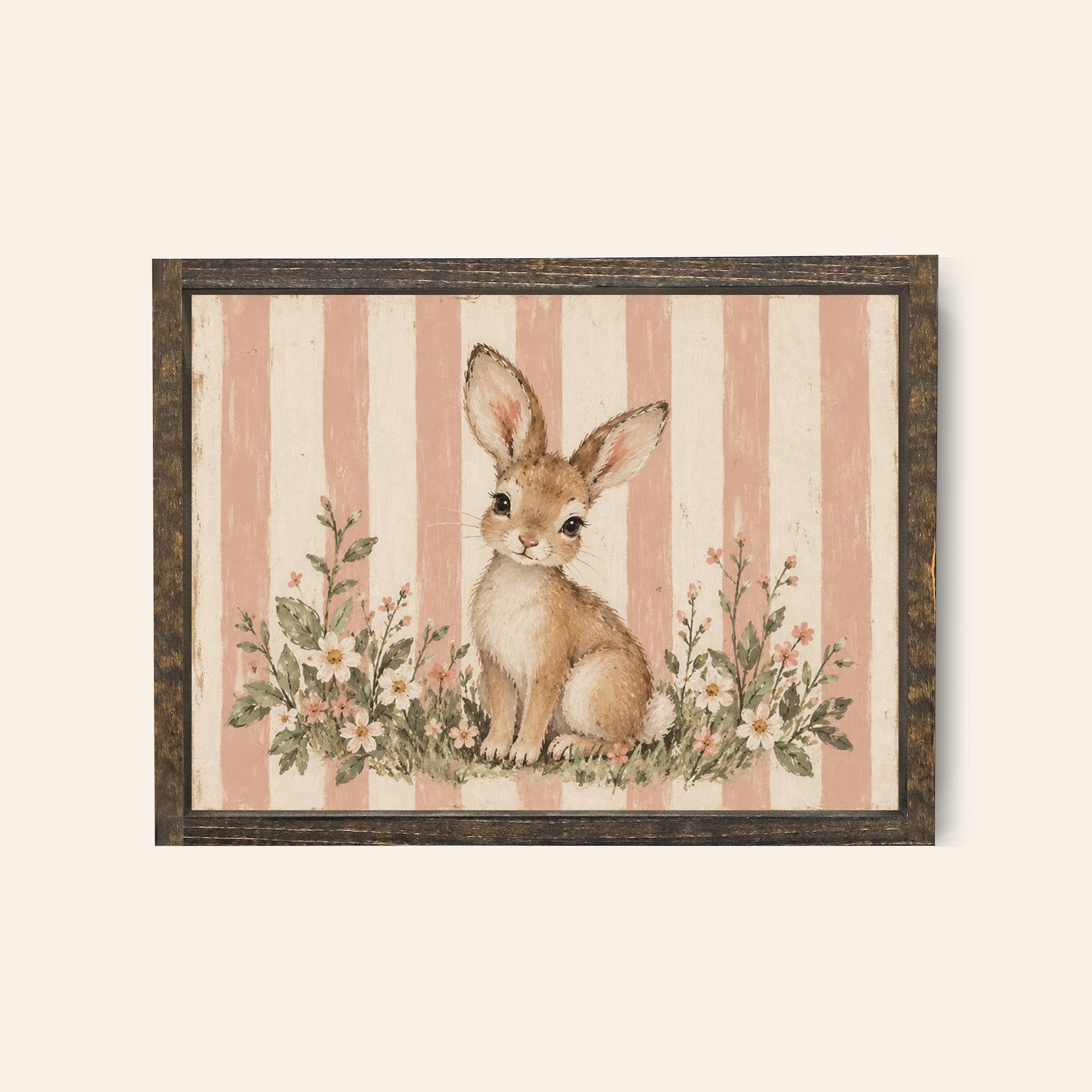 Espresso framed wood sign with a pink and cream striped background with a bunny and meadow flowers 