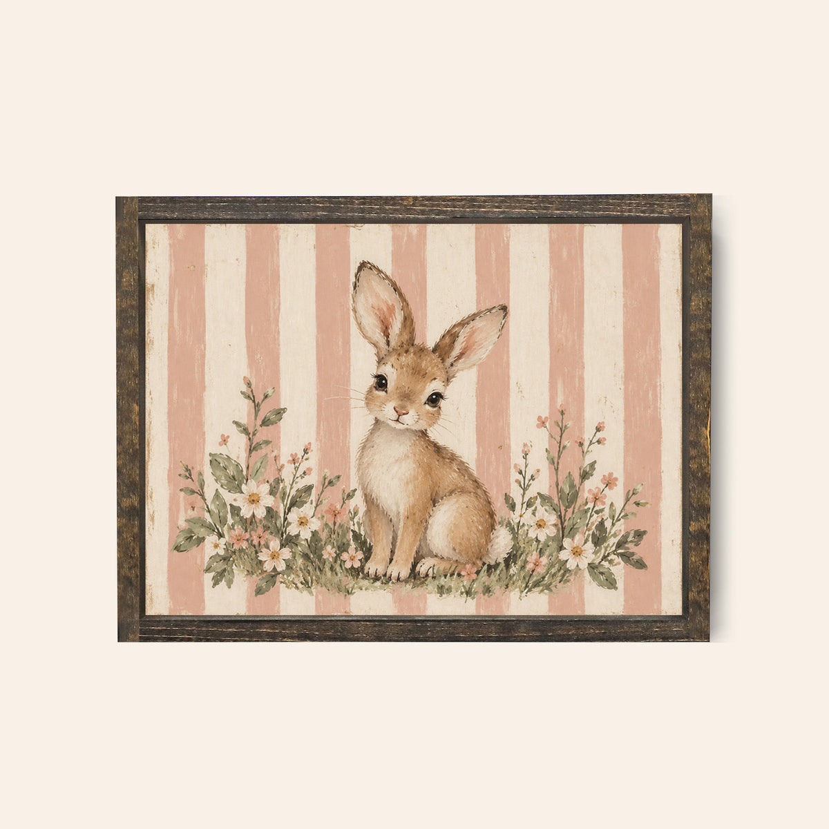 Espresso framed wood sign with a pink and cream striped background with a bunny and meadow flowers 