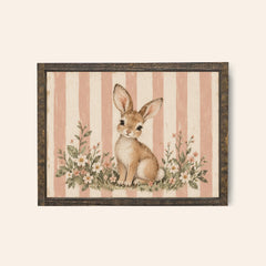 Espresso framed wood sign with a pink and cream striped background with a bunny and meadow flowers 