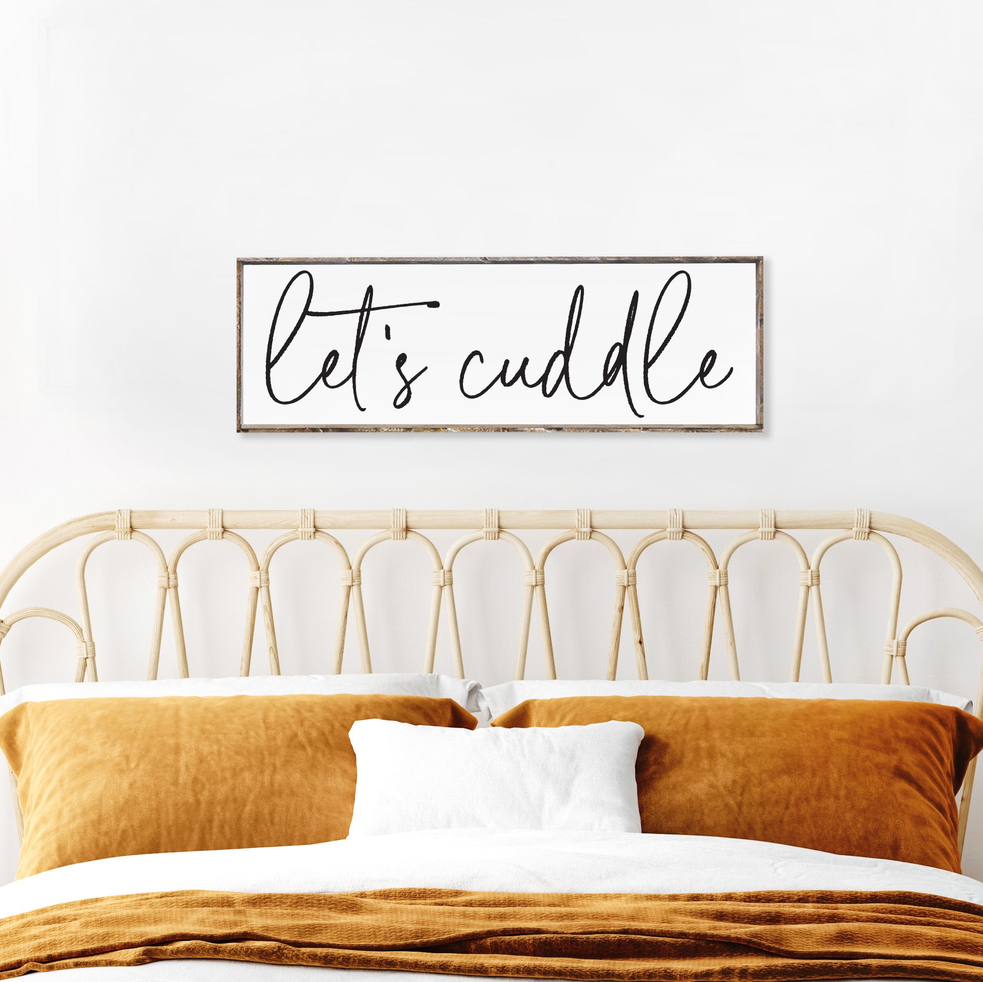 let's cuddle wood sign over the bed sign