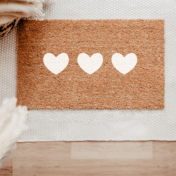 Coir Doormat- Triple Hearts White